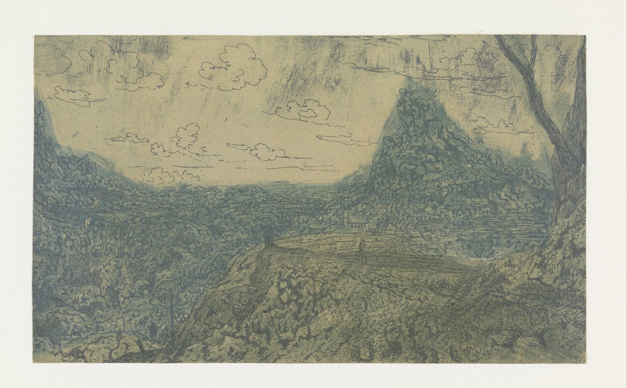 Fjelllandskap med emblem, første versjon Mountain Landscape with a Crest and a Forked Tree: Første versjon av Hercules Segers