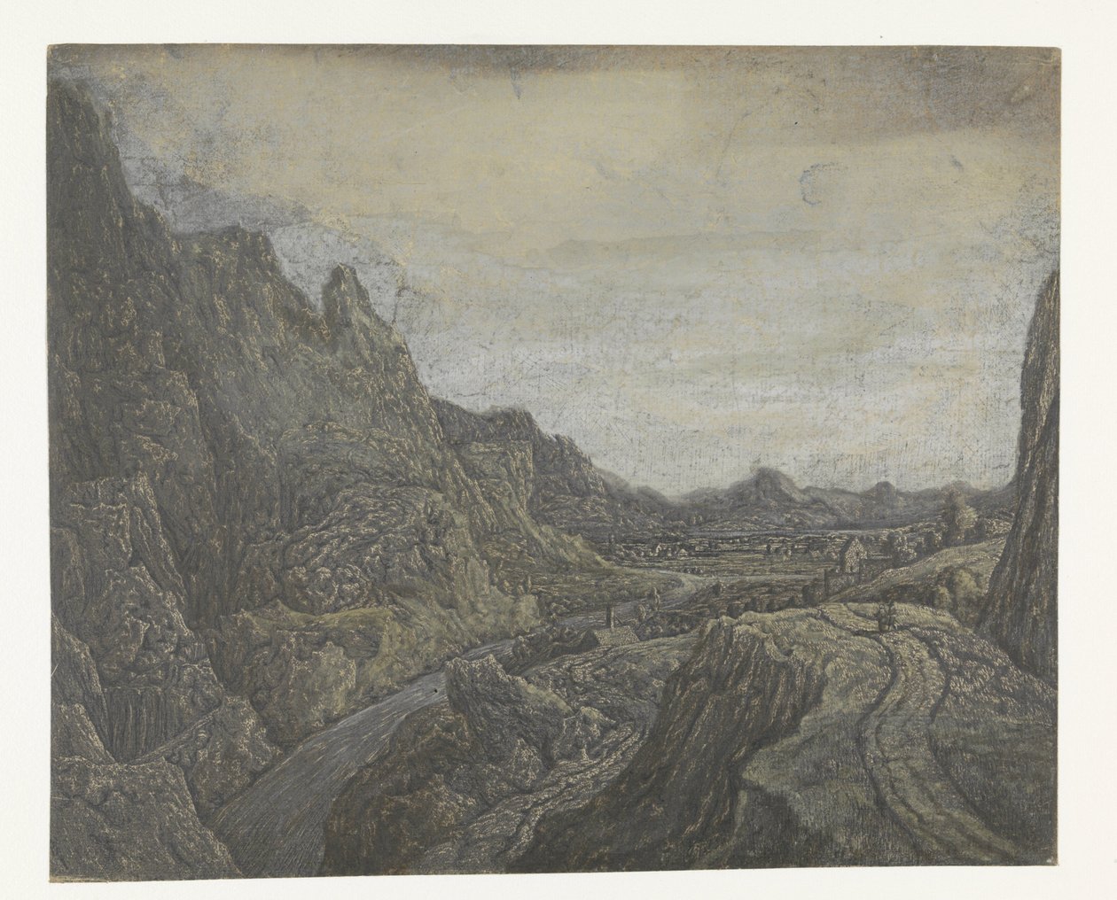Steinete landskap med en vei og en elv av Hercules Segers