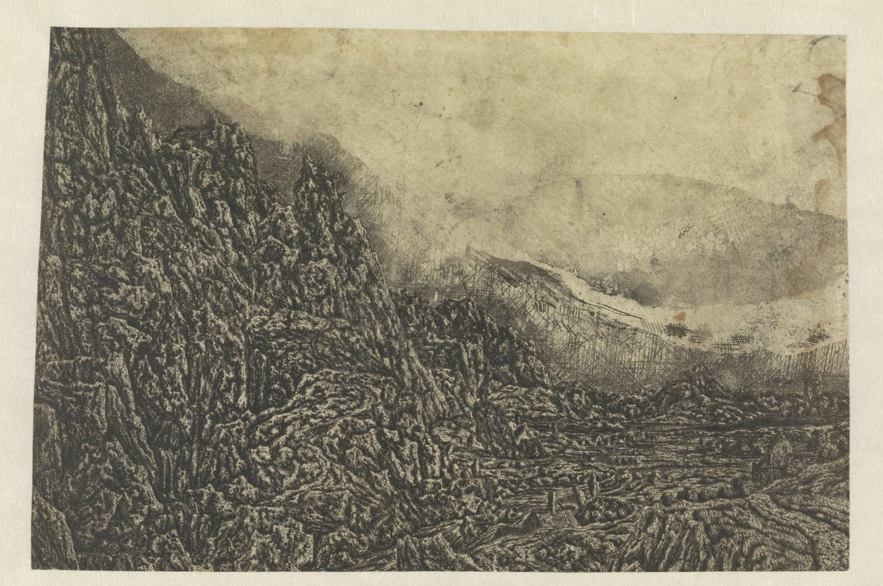 Steinete landskap med en vei og en elv av Hercules Segers