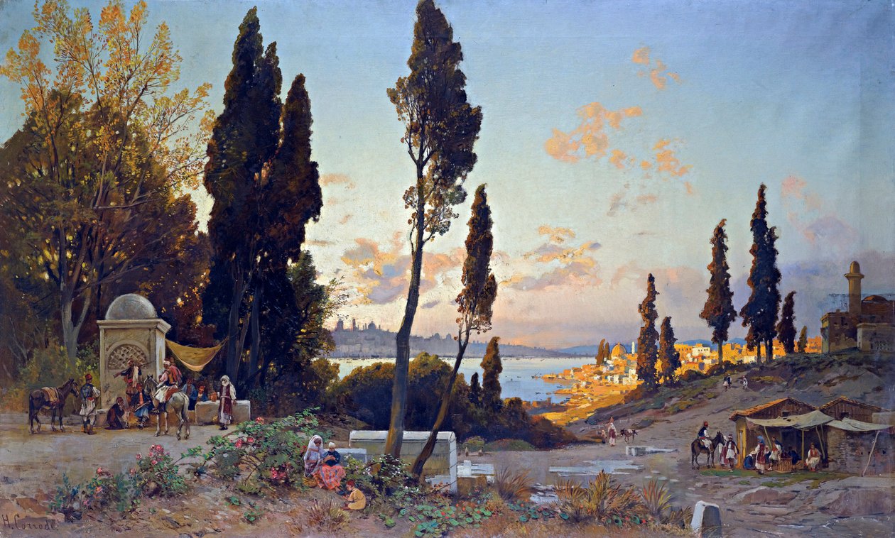 Vue du Bosphore a Constantinople - Peinture de Hermann David Salomon Corrodi (1844-1905), orientalisme - Utsikt over Bosporos, Konstantinopel - Olje på lerret av Hermann David Salomon Corrodi (1844-1905) - 100x166,5 cm - Privat samling av Herman David Salomon Corrodi