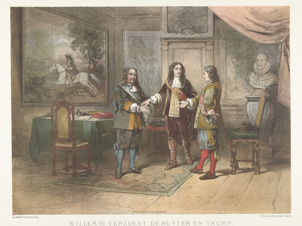 Prins William III forsoner Michiel de Ruyter og Cornelis Tromp, 1673 William III forsoner de Ruyter og Tromp (tittel på objekt) av Herman Frederik Carel ten Kate