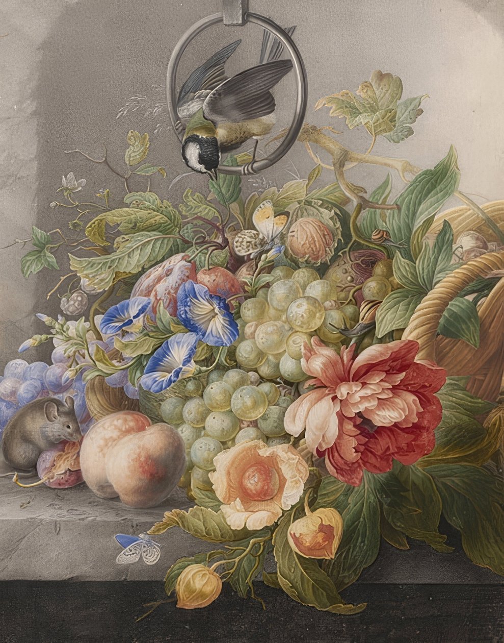 Stilleben med blomster, frukt, en pommemeis og en mus. Rundt 1700-10 av Herman Henstenburgh