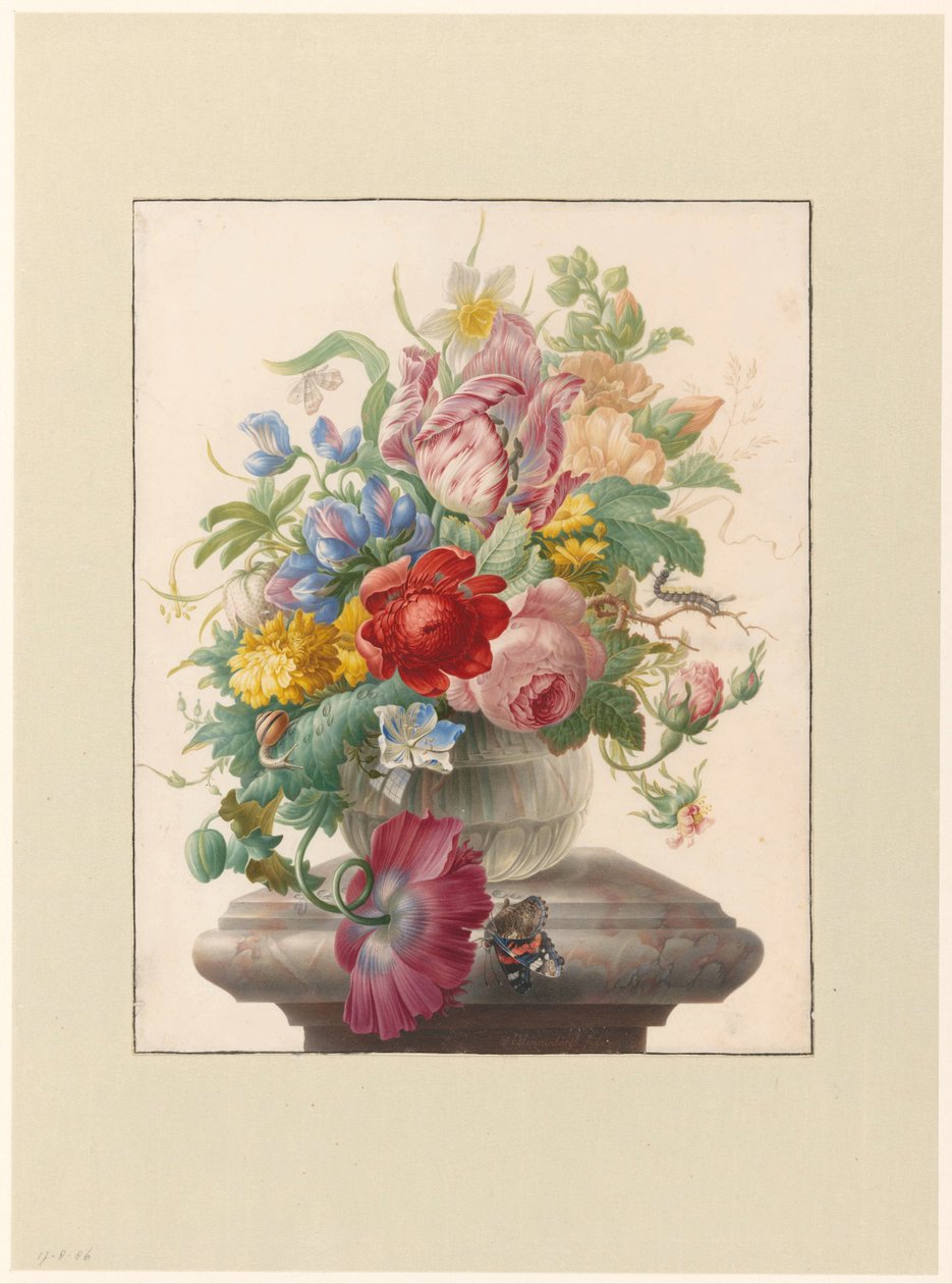 Blomster i en glassvase med en sommerfugl Bloemen in vaas møtte Atalanta av Herman Henstenburgh