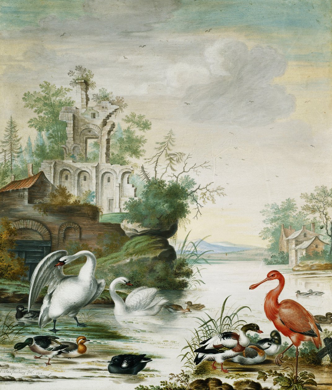 Svaner, en skjestork, en stokkand, en paryke og andre ender på en elv under en ruin, 1694 av Herman Henstenburgh