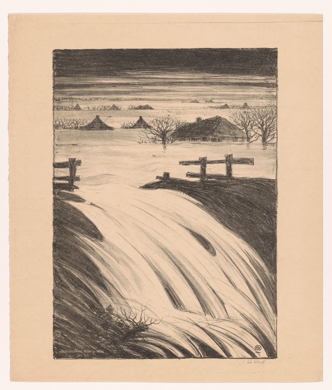 Oversvømmelse av Maas og Waal Jan. 1926 (original tittel på varen) av Herman Heuff (signed by artist)