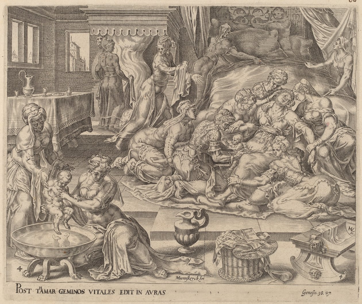Fødsel av Pharez og Zara av Herman Jansz Muller after Maerten van Heemskerck