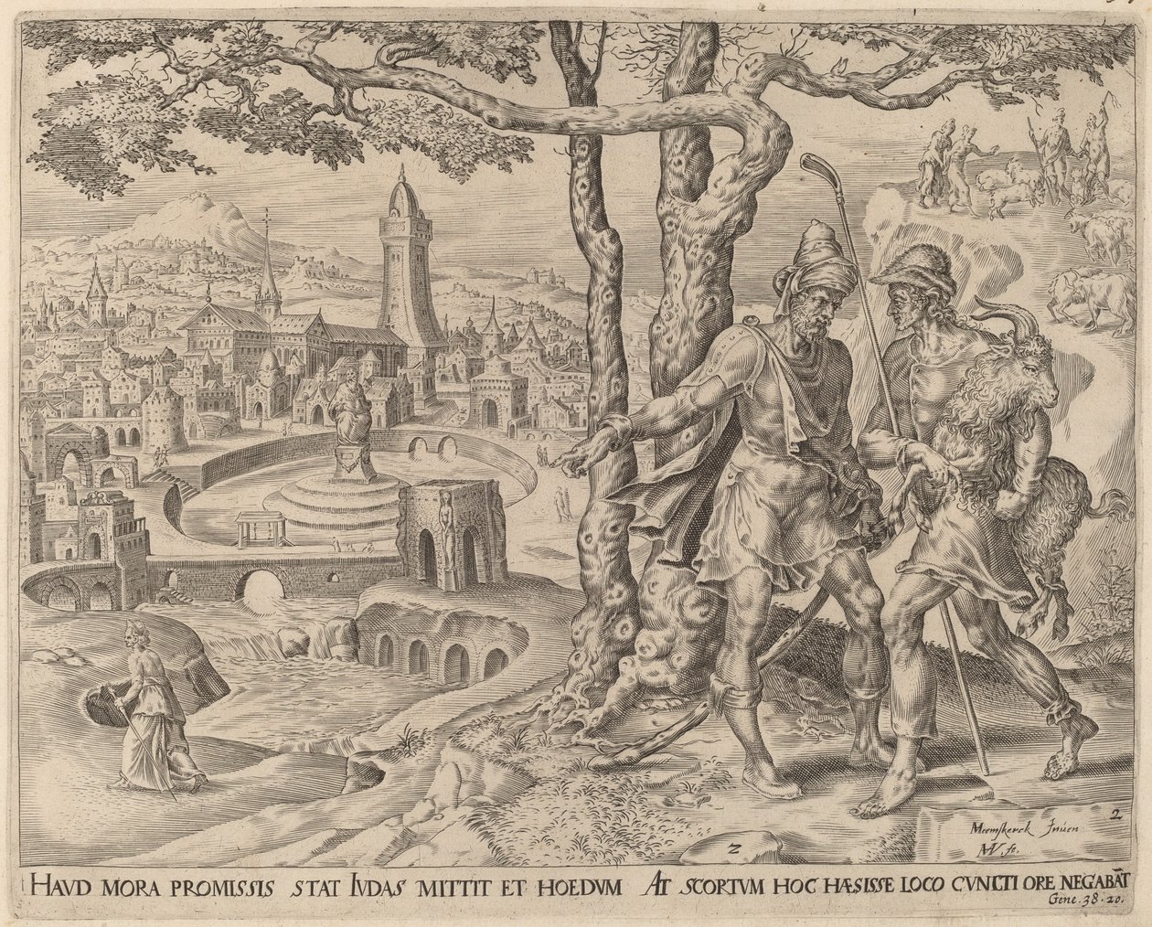 Adullamitten Hirah med ungen av Herman Jansz Muller after Maerten van Heemskerck