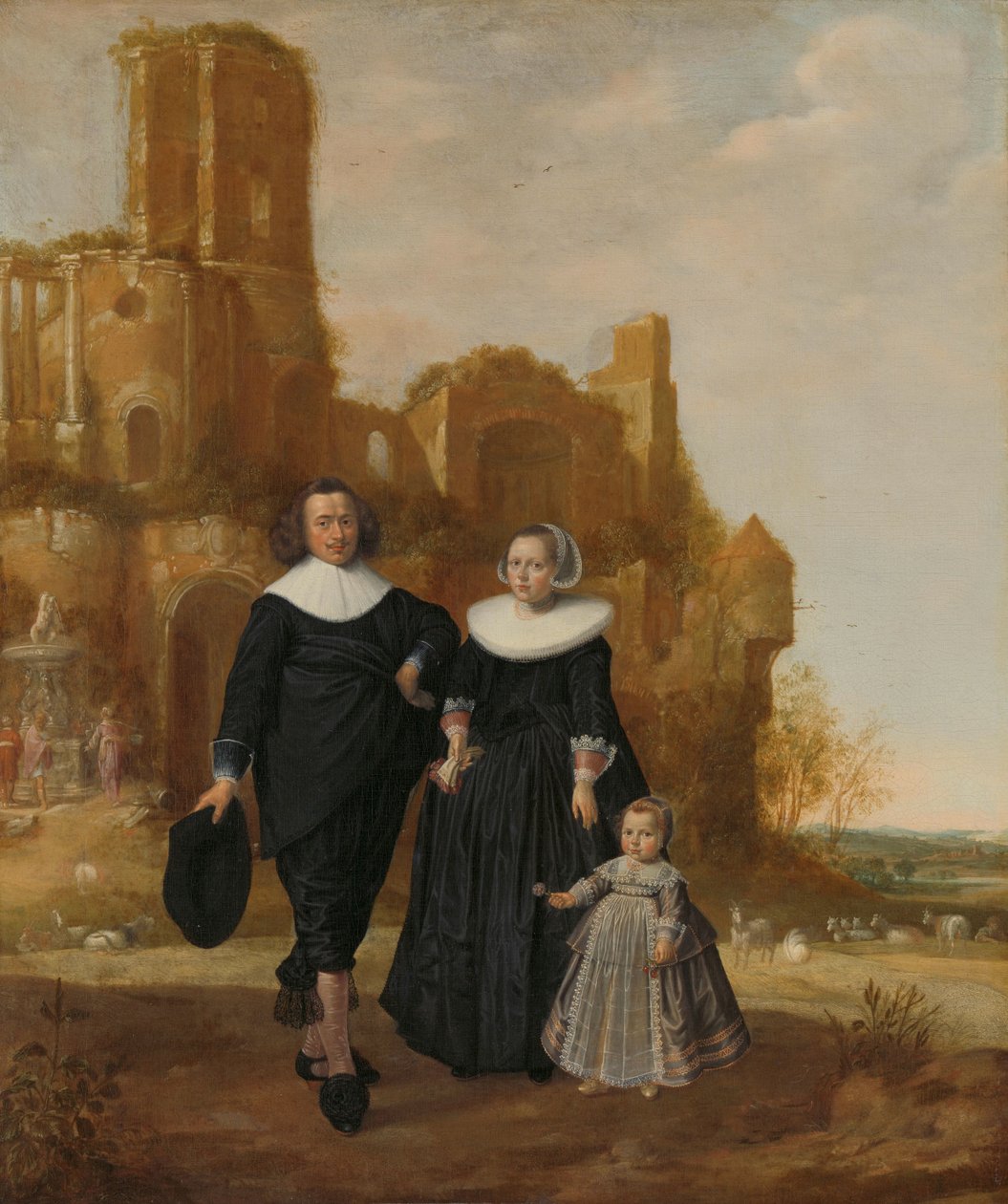 Portrett av et par med barnet sitt i et landskap av Herman Meynderts Doncker
