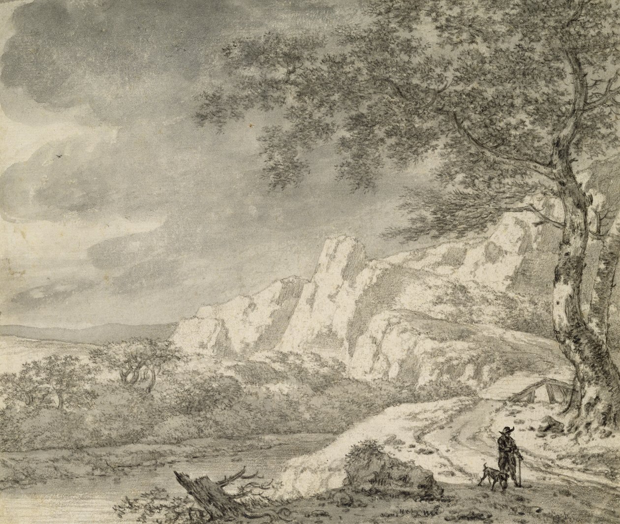 Fjelllandskap med en turgåer (kritt og indisk blekk på papir) av Herman Nauwincz