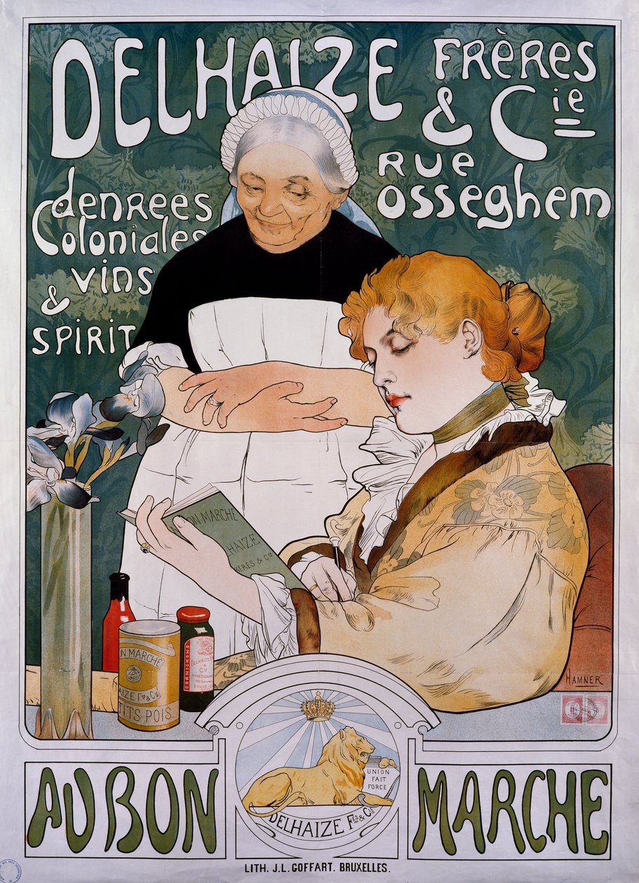Dame og hushjelp, plakat for firma Delhaize Freres et Cie au bon marche av Herman Richir