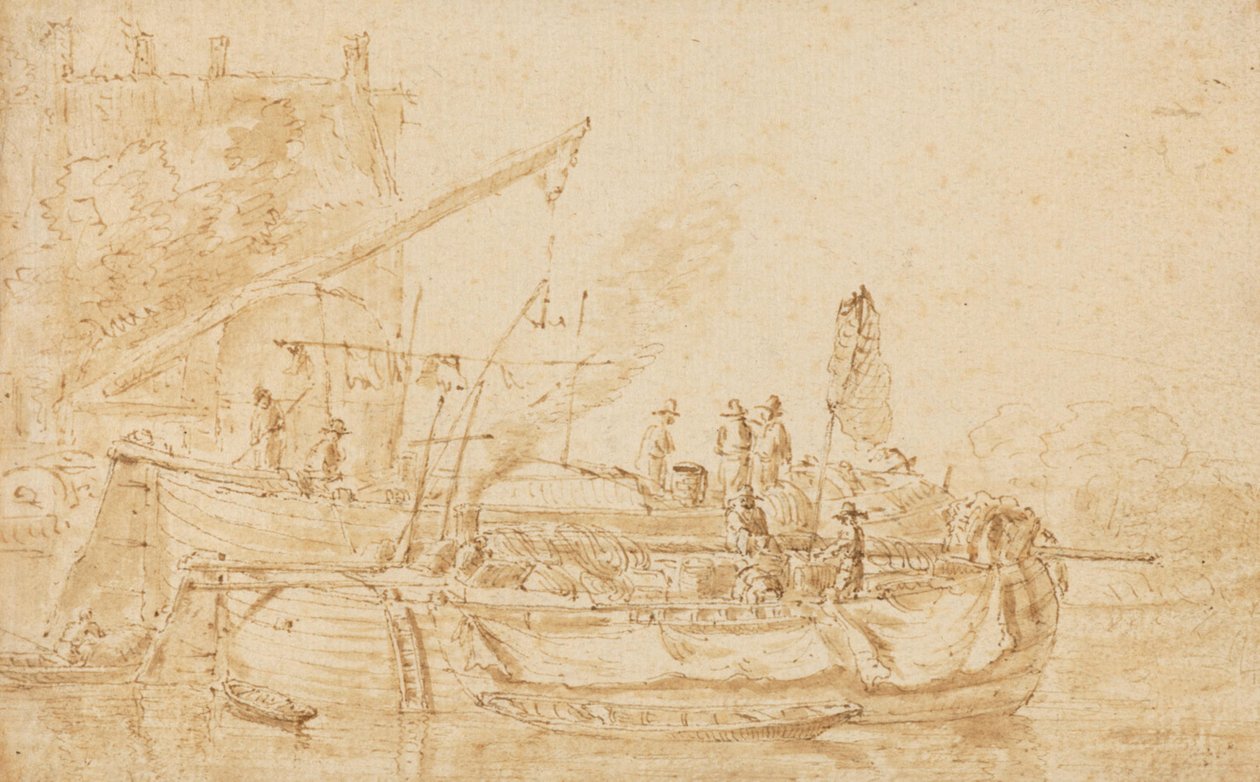 Innlandsfartøy ved en kai av Herman Saftleven