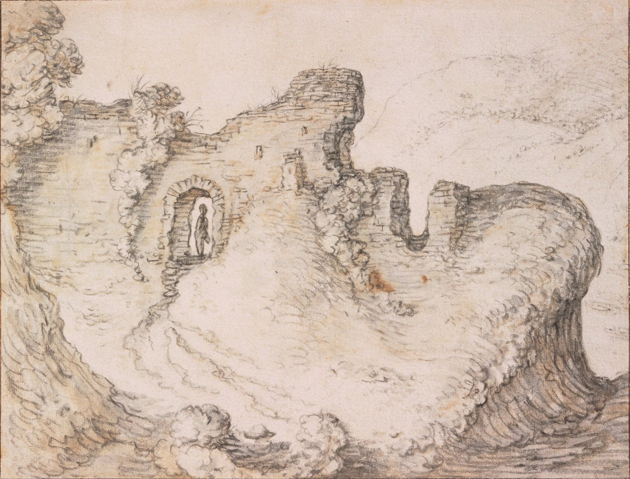 Steinete landskap med ruiner, som danner profilen til et mannsansikt, ca. 1650 av Herman Saftleven