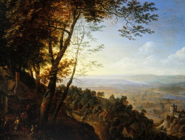 Et skogkledd landskap med bønder ved en hytte (olje på panel) av Herman the Younger Saftleven