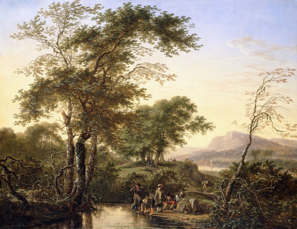 Et omfattende italiensk elvelandskap med reisende ved et basseng, 1646 av Herman the Younger Saftleven