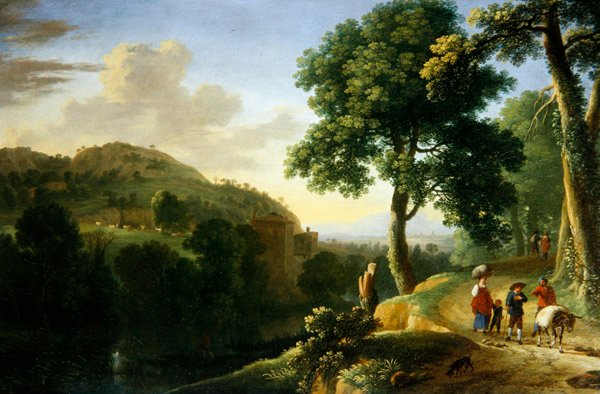 Et italiensk landskap med reisende og et esel, ca. 1640 (olje på lerret) av Herman van Swanevelt