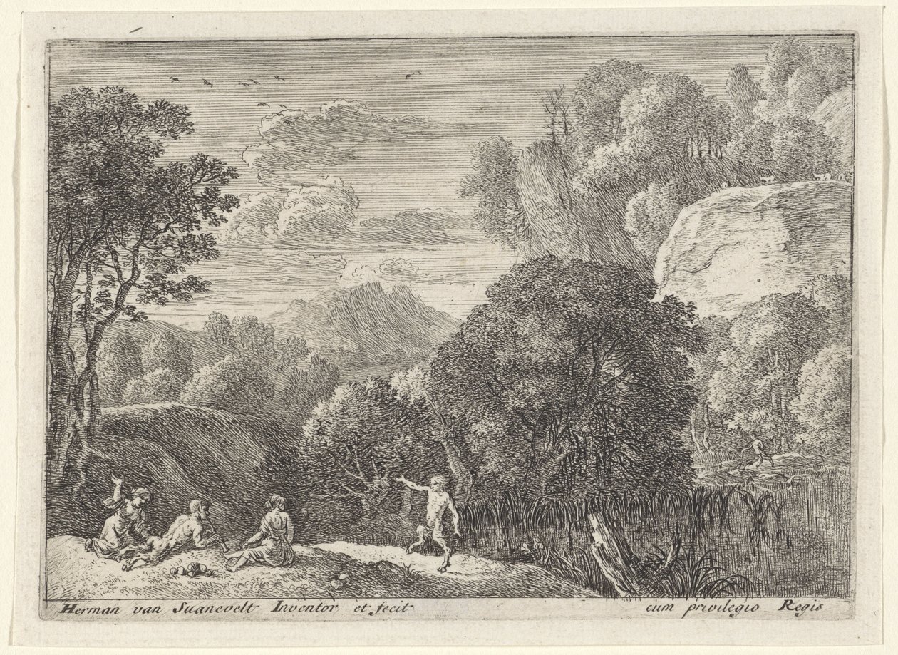 dansende satyr Landskap med satyrer (serietittel) av Herman van Swanevelt