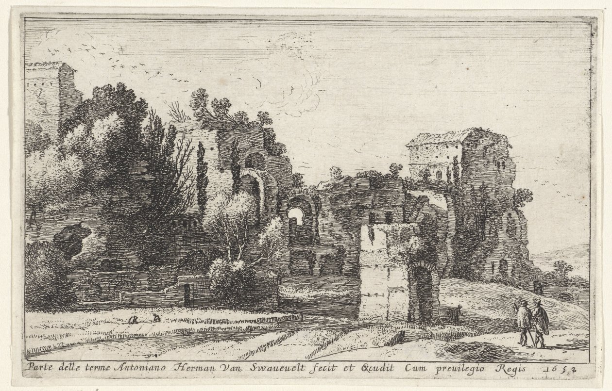 Utsikt over badene i Caracalla Parte delle terme Antoniano (tittel på objekt) Tittelside og tolv utsikt over Roma og dets omgivelser (serietittel) Diverses veuës dedans et dehors de Rome (serietittel) av Herman van Swanevelt