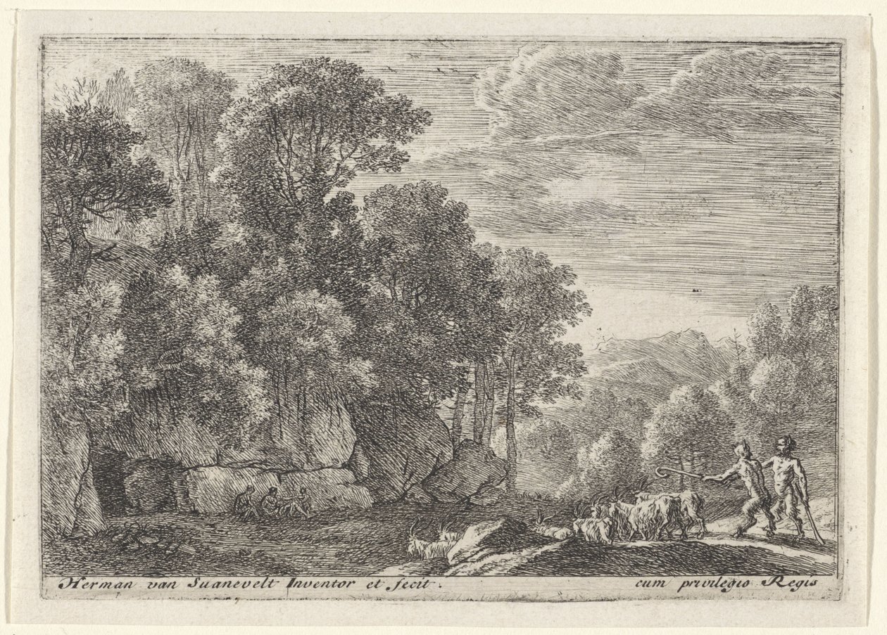 To satyrer med en flokk geiter Landskap med satyrer (serietittel) av Herman van Swanevelt
