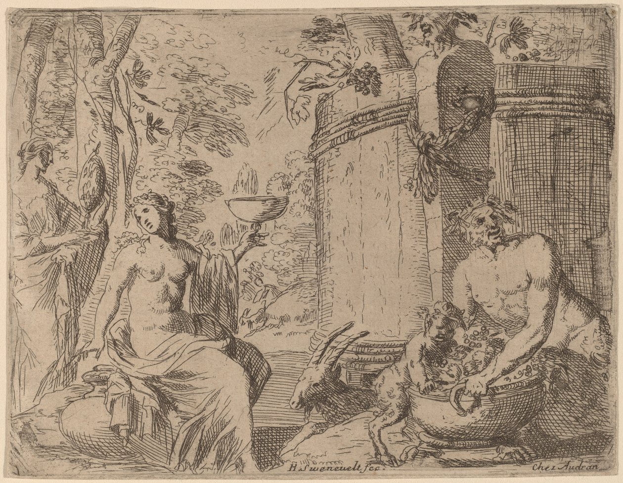 To nymfer og en satyr foran et stort kar av Herman van Swanevelt