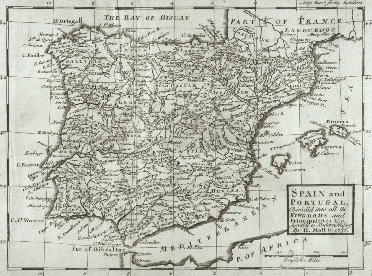 Kart over Spania og Portugal, 1731 av Hermann Moll