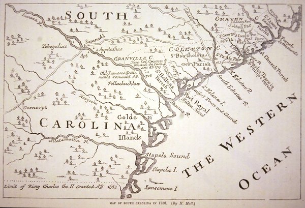 Kart over South Carolina i 1730 (litho) av Hermann (after) Moll