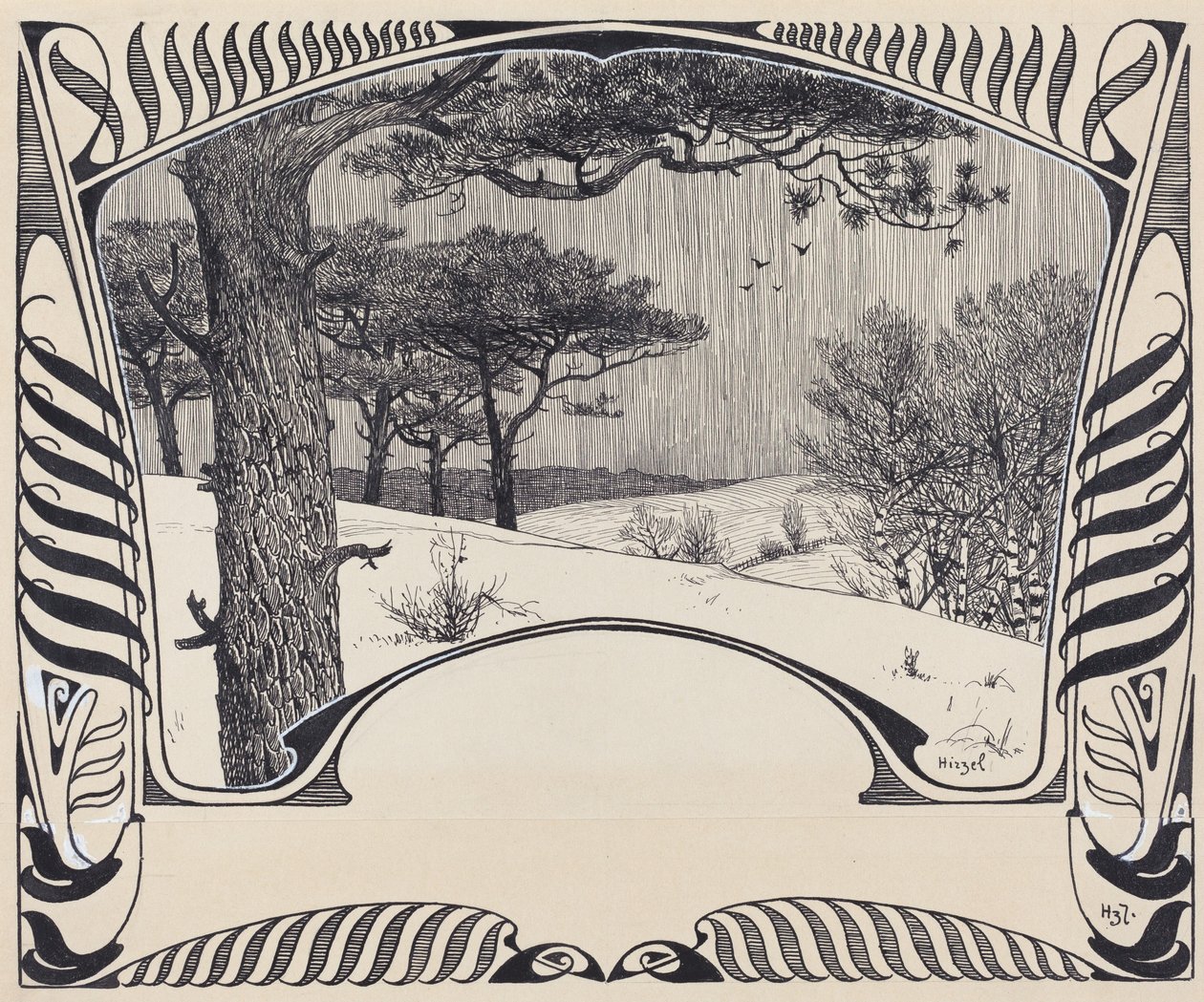 Et vinterlandskap innenfor en Jugendstil-grense av Hermann Hirzel