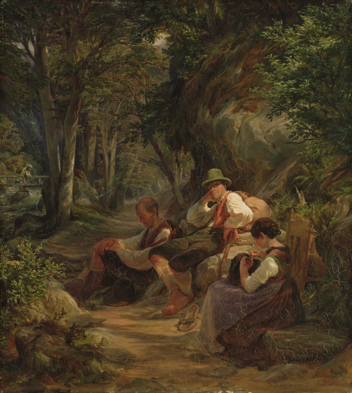 Tre øvre bayerere hviler på en alpin sti, 1841 av Hermann Kauffmann