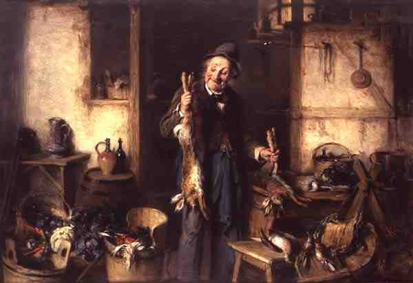 Kjøkkeninteriør med en mann som holder en hare (olje på panel) av Hermann Kern