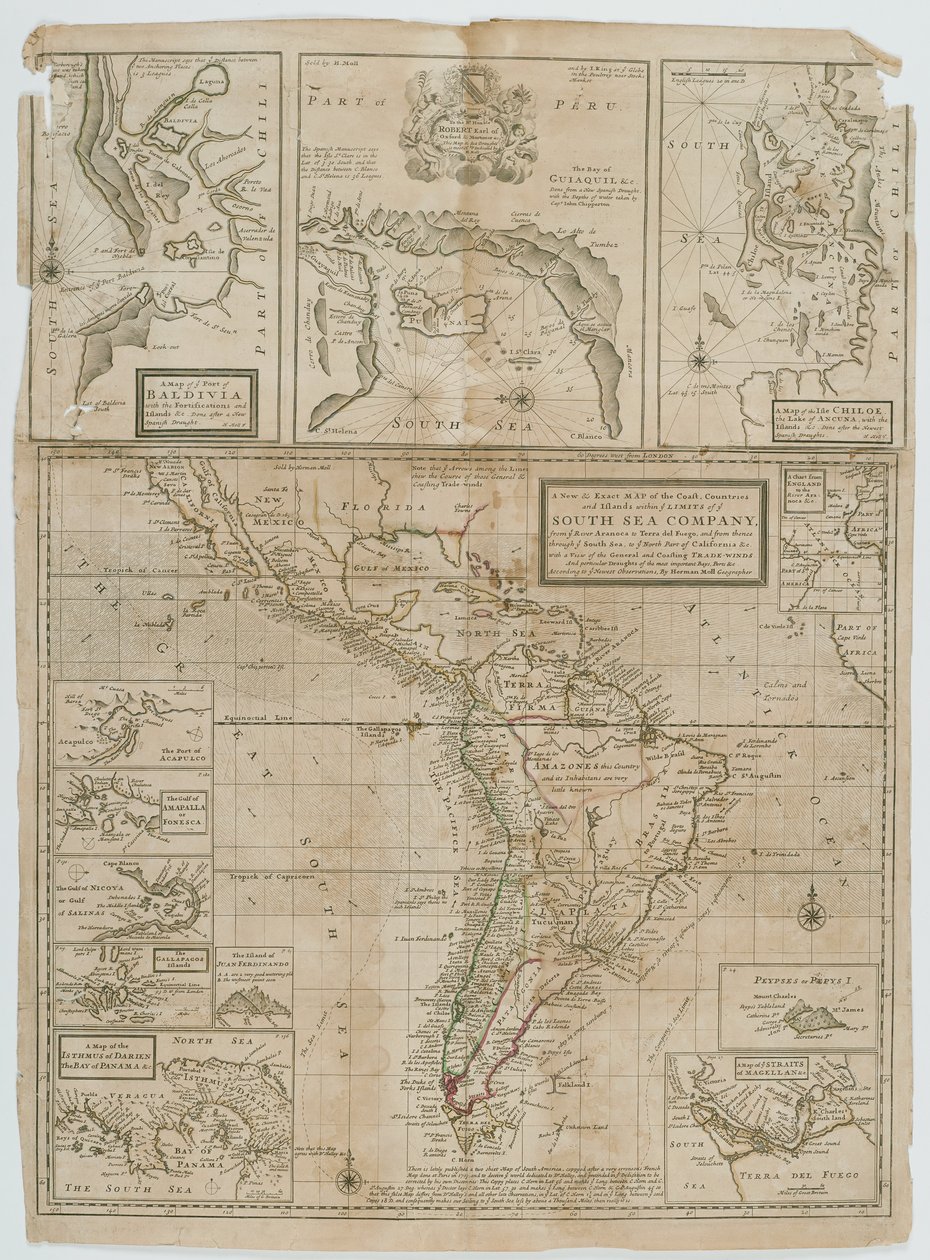 Et nytt og nøyaktig kart over kystlandene og øyene innenfor Ye-grensene til Ye South Sea Company av Hermann Moll
