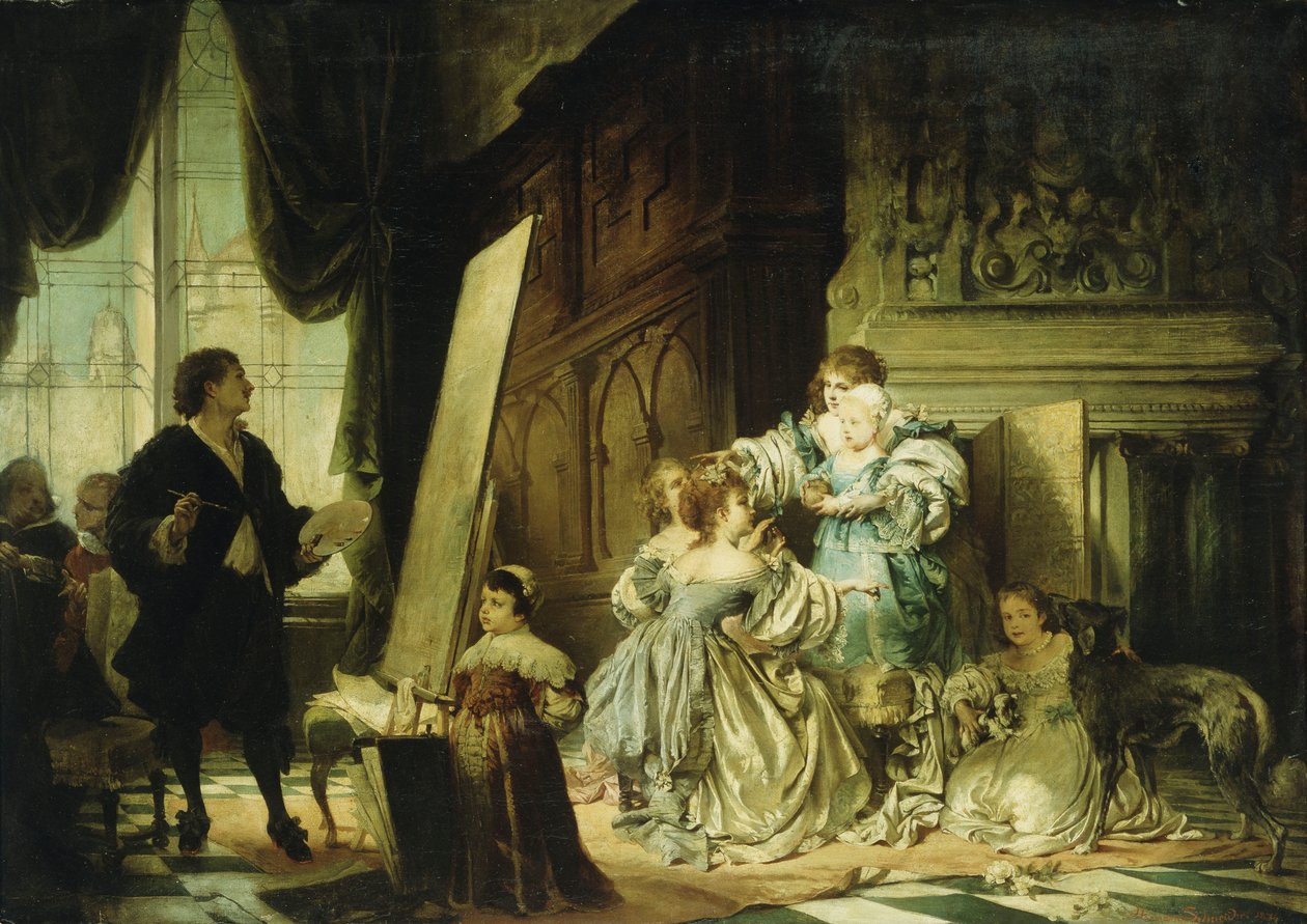 Van Dyck i sitt studio maler et portrett av Charles, Prince of Wales, sønn av Charles I, 1876 av Hermann Schneider