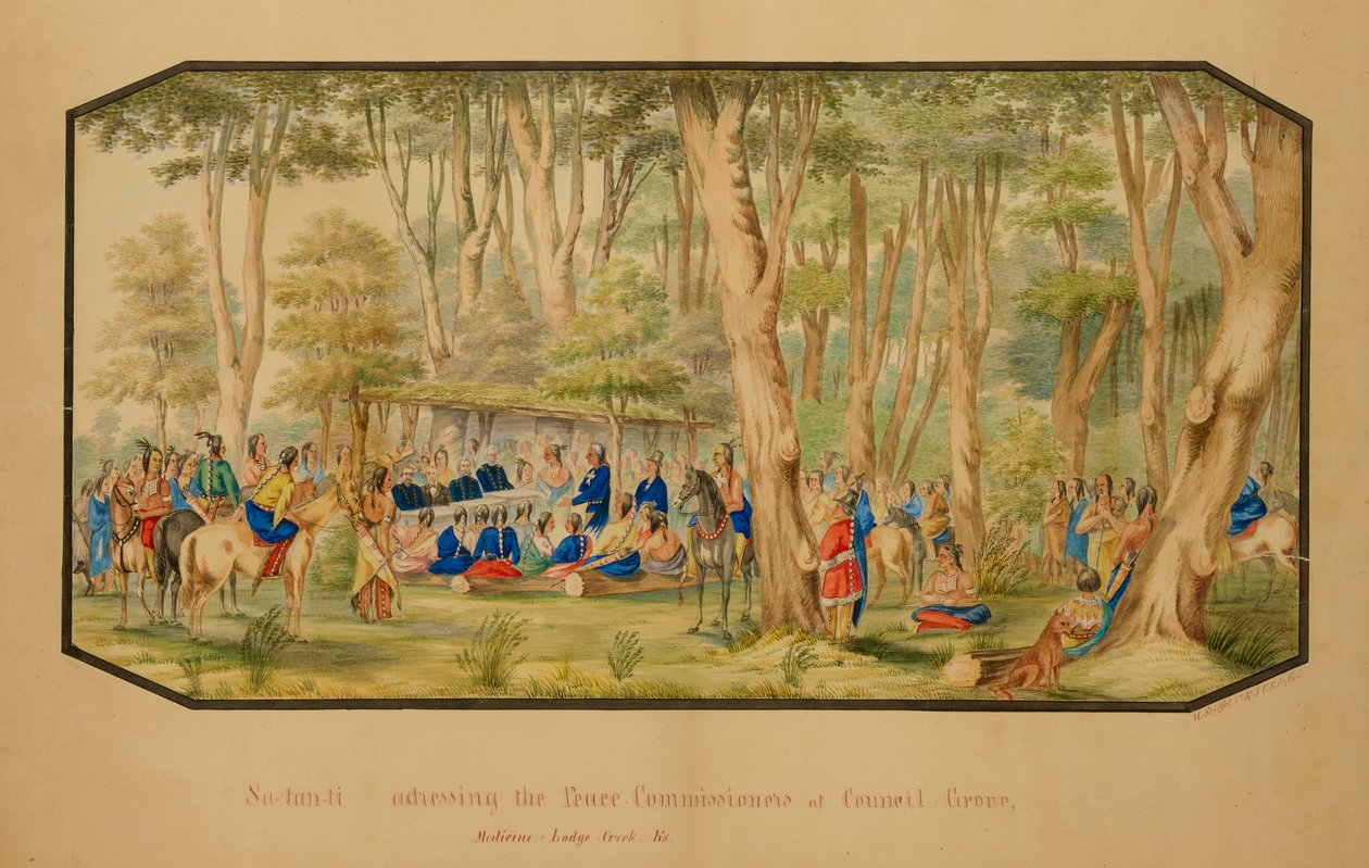 Sa-tan-ti henvender seg til fredskommissærene i Council Grove, Medicine Lodge Creek, 1867. av Hermann Stieffel