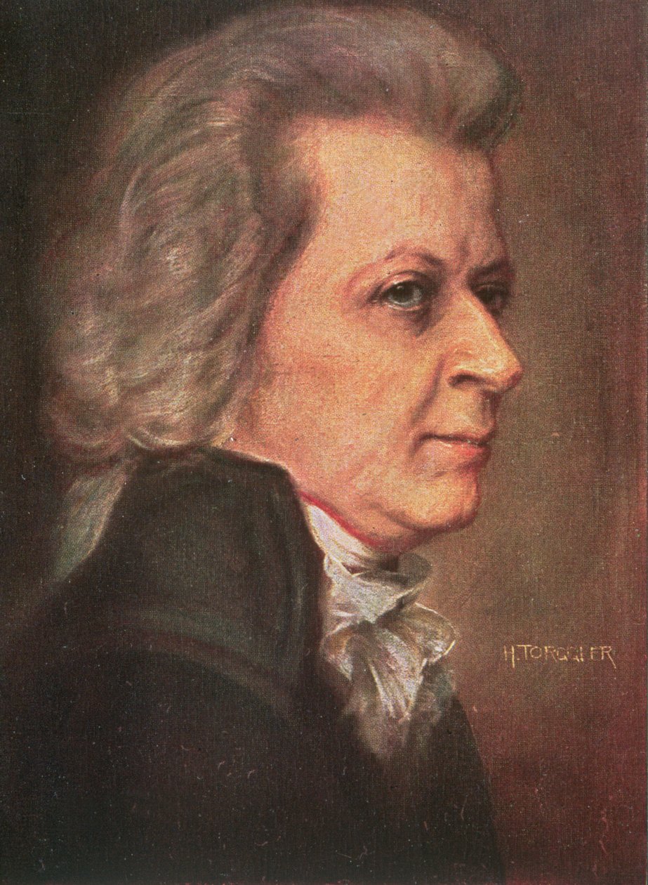 Wolfgang Amadeus Mozart (1756-91) pub. 1904 (farge litho) av Hermann Torggler