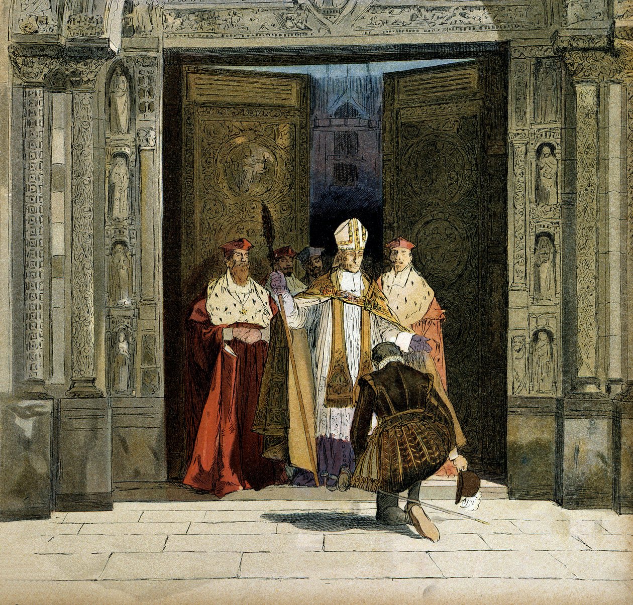 Abjuration av Henry IV (1553-1610) i klosteret Saint Denis i nærvær av buen til Bourges, Renaud de Beaune (1527-1606). Kongen avbød protestantismen 25. juli 1593. Illustrasjon av Hermann Vogel (1856-1918) i "" Henri IV"" av Hermann Vogel