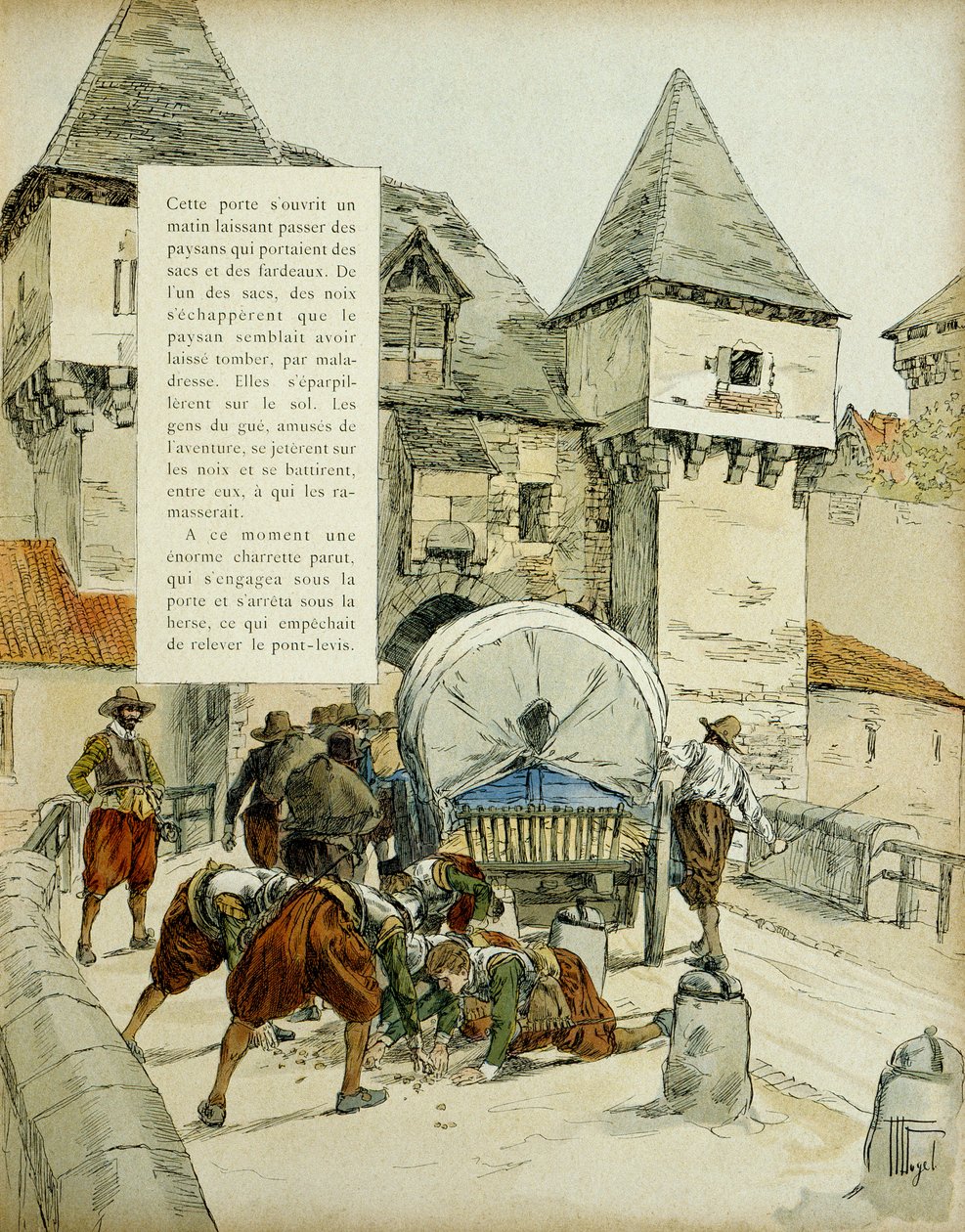Amiens overraskelse. Spanjolene brukte et triks for å ta byen Amiens, 11. mars 1597 ved å blokkere harven med en vogn. Illustrasjon, 1907, av Hermann Vogel av Hermann Vogel