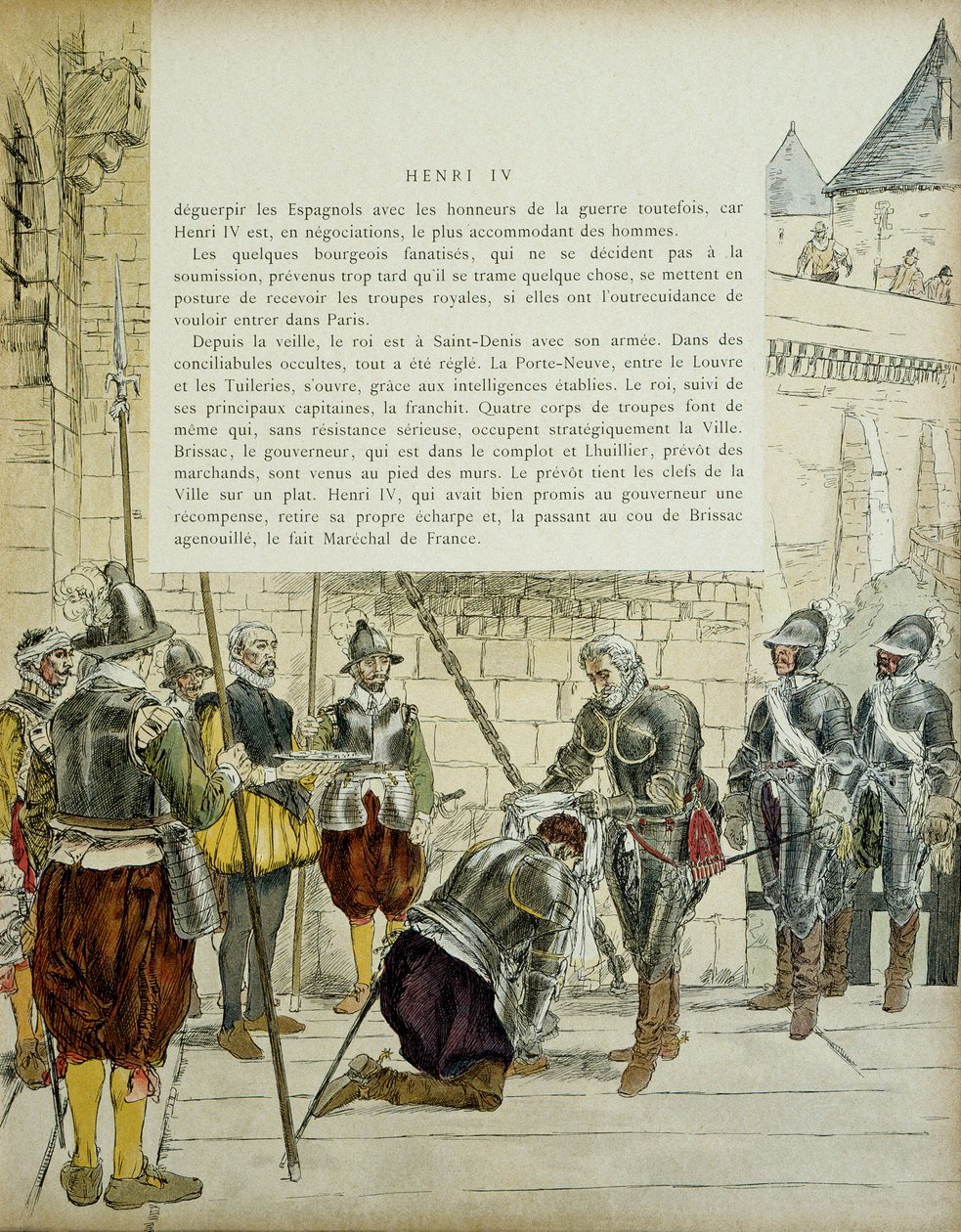 Charles II av Cosse Brissac (Cosse-Brissac) (1562-1621 eller 1626) ble marsjert av Frankrike av Henri IV (1553-1610) før han dro inn i Paris 22. mars 1594. Prevot av kjøpmenn Jean Lhuillier (?) som står ved siden av holderne nøklene til byen. Illustrasjon  av Hermann Vogel