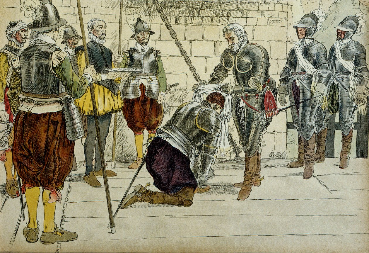 Charles II av Cosse Brissac (Cosse-Brissac) (1562-1621 eller 1626) ble marechal av Frankrike av Henri IV (1553-1610) før han gikk inn i Paris 22. mars 1594. Prevot av kjøpmenn Jean Lhuillier (?) som står ved siden av holderne nøklene til byen. Illustrasjon av Hermann Vogel