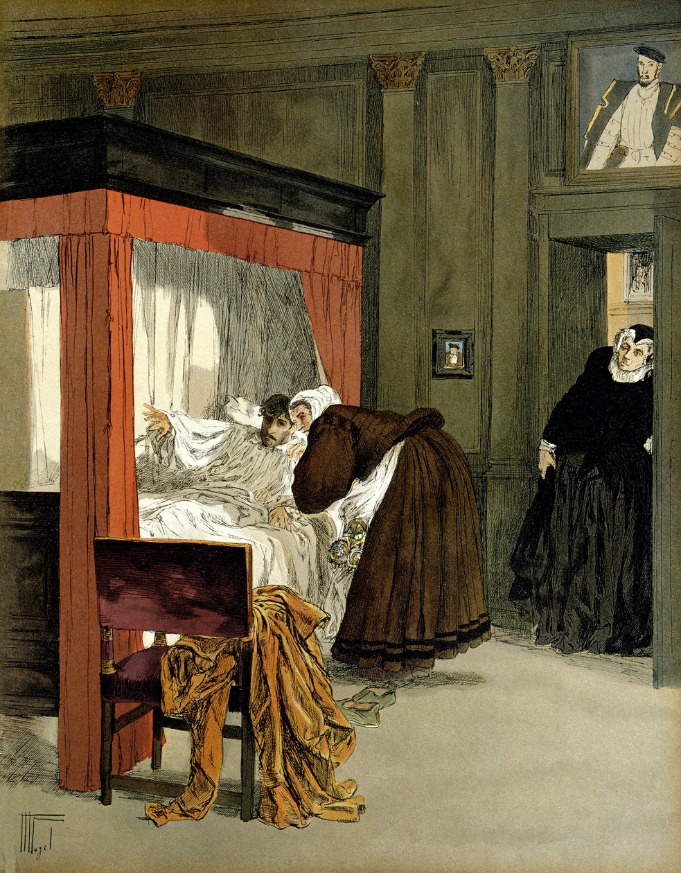 Charles IX (1550-1574), konge av Frankrike, døende sammen med sykepleieren sin. Illustrasjon av Hermann Vogel (1856-1918) i "" Henri IV"" av Hermann Vogel