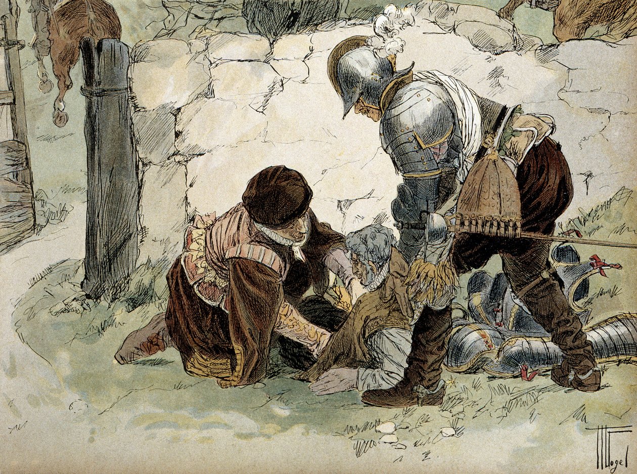 Henri IV (1553-1610) skadet under en rekognosering ved Aumale mot Mayenne-hæren. Illustrasjon av Hermann Vogel (1856-1918) i "" Henri IV"" av Hermann Vogel