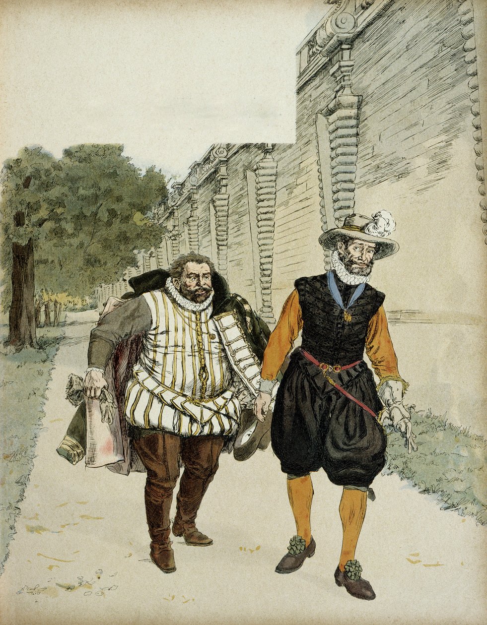 Henry IV (1553-1610) og Charles de Lorraine, hertug av Mayenne (1554-1611). Første forsonende intervju mellom de to fiendene, Mayenne, lederen for legueurs og kongen, i hagen til Chateau de Montceaux, i Brie, i 1596. Illustrasjon av Hermann Vogel