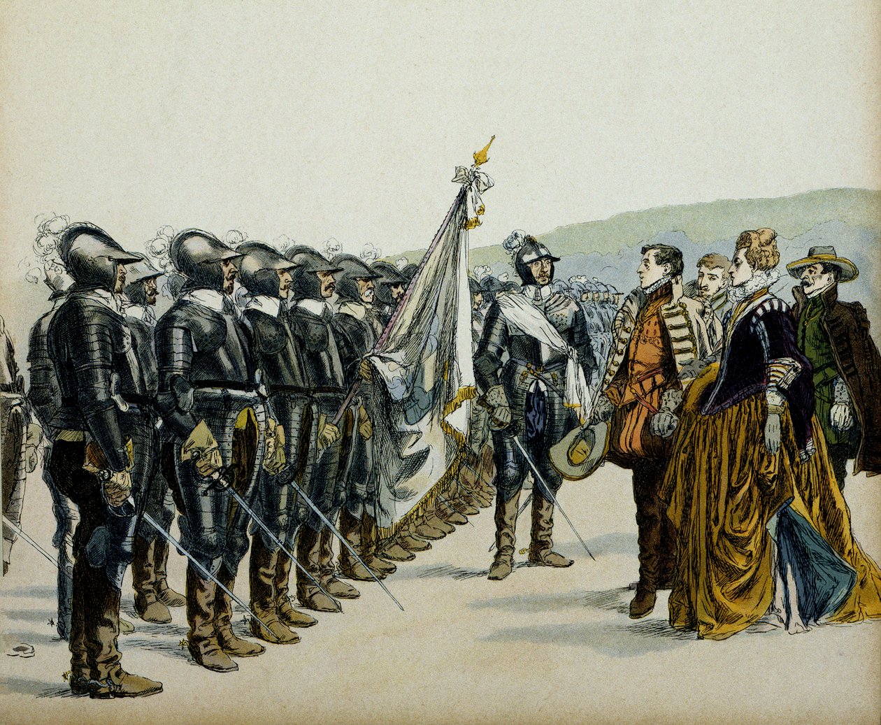 Joan of Albret eller Joan III of Albret (1528–1572) og hennes sønn Henry IV (1553–1610) før hennes protestantiske tropper. Illustrasjon av Hermann Vogel (1856-1918) i "" Henri IV"" av Hermann Vogel