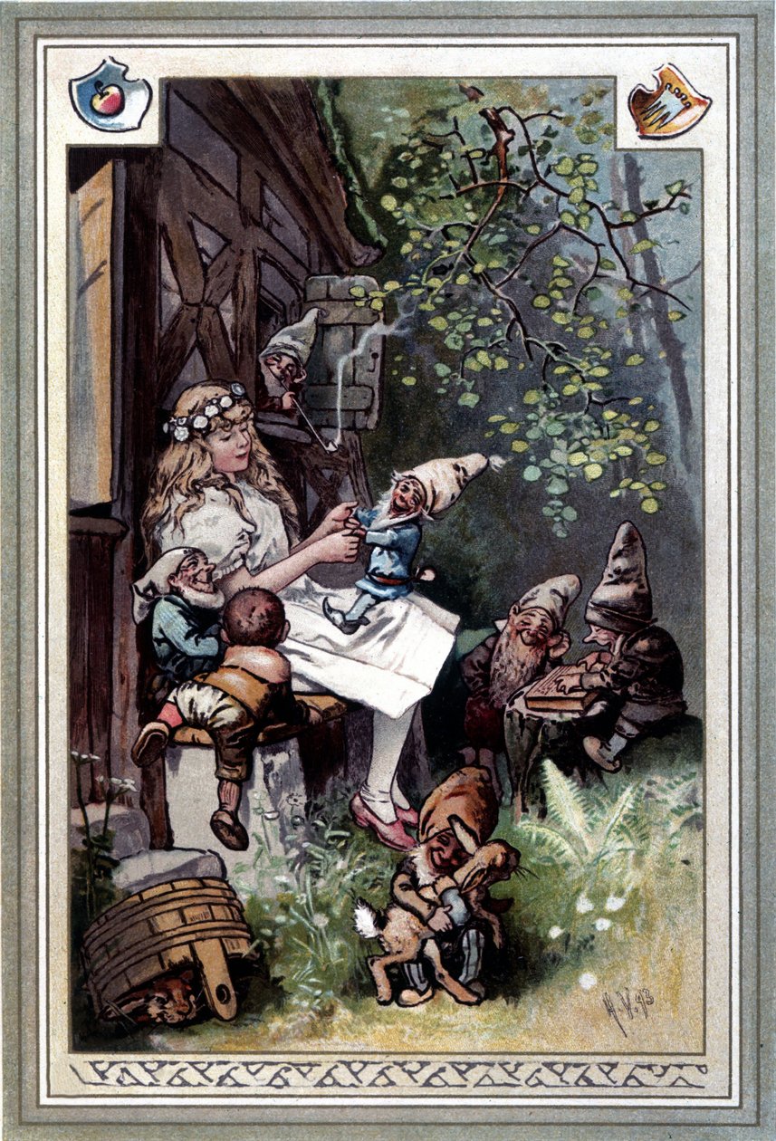 Kinder und hausmarchen (Fortelling om barndom og hjem) (1812): fabler av brødrene Grimm. Cover av Hermann Vogel 1894 som representerer Snøhvit og de syv dvergene. av Hermann Vogel