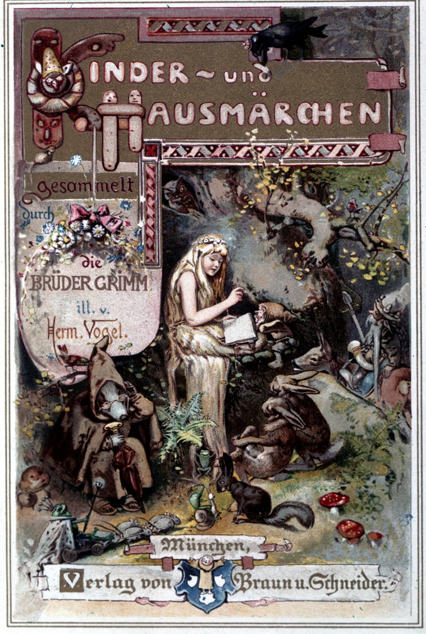 Kinder und hausmarchen (Fortelling om barndom og hjem) 1812: fabler av brødrene Grimm. Omslag av Hermann Vogel fra 1894 som viser Snehvit. av Hermann Vogel