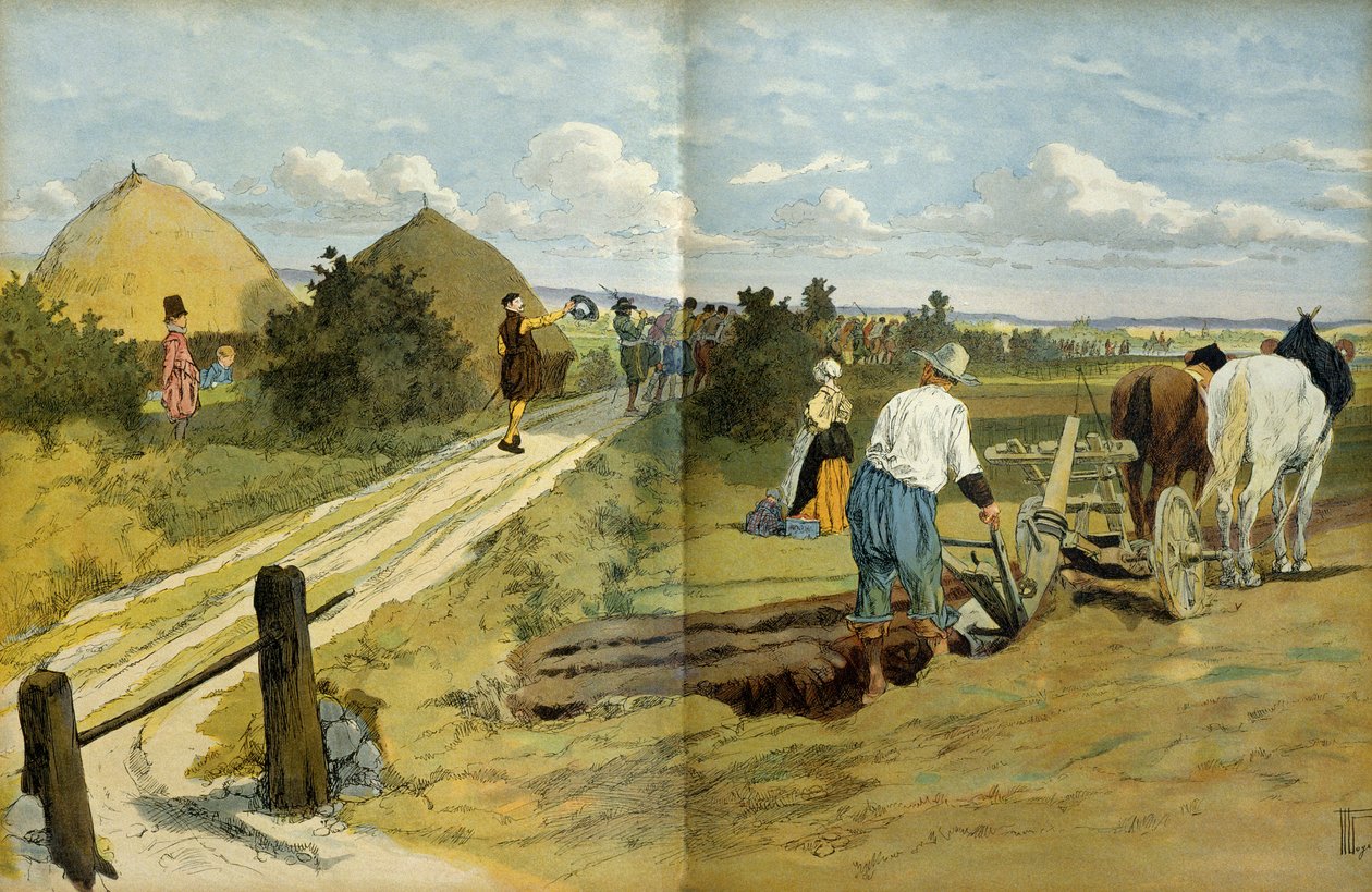 Bønder så passasjen av plyndrere og plyndrere tatt til fange av den kongelige hæren til Henrik IV (1553-1610). Illustrasjon av Hermann Vogel
