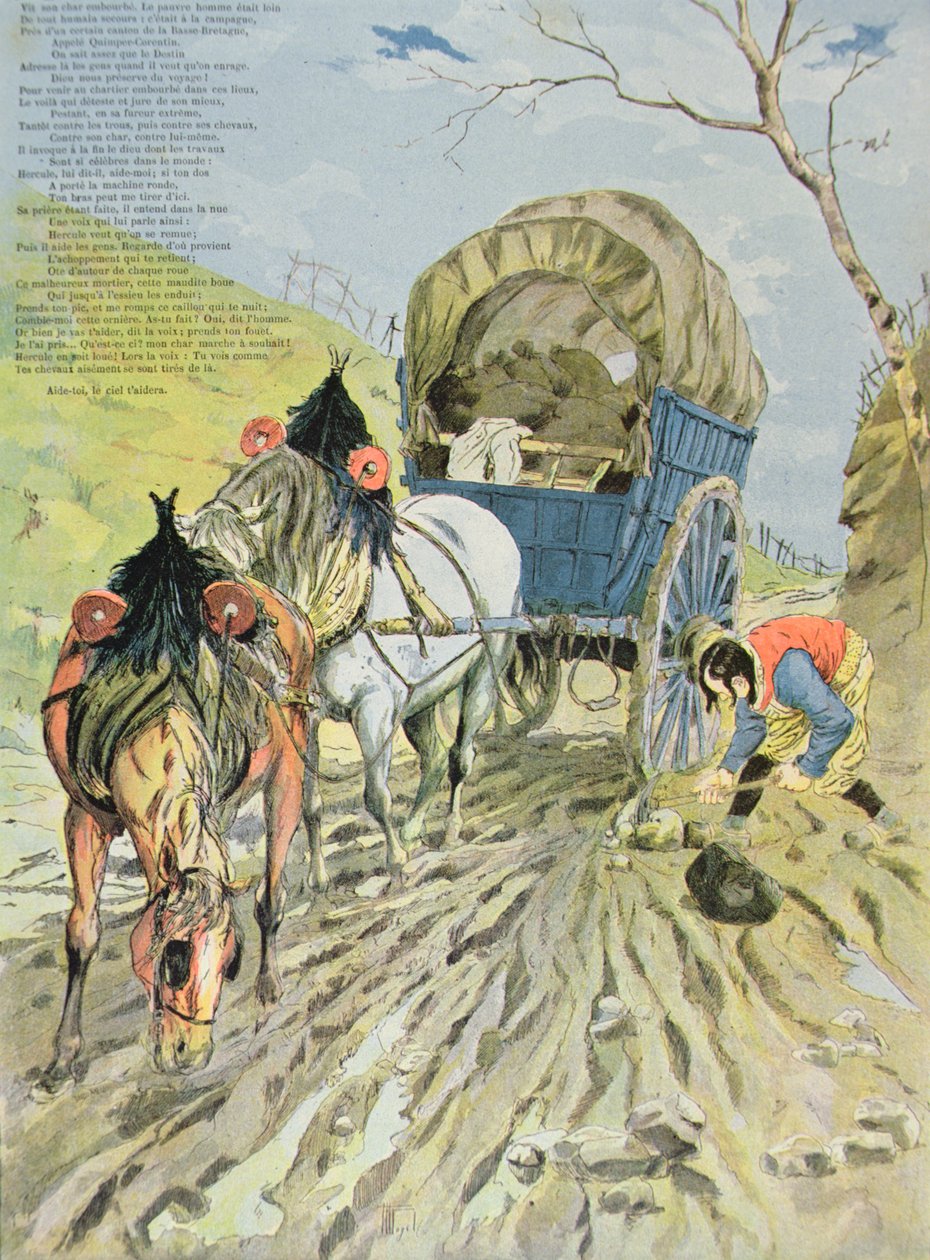Vognen satt fast i gjørmen, fra Fables av Jean de La Fontaine (1621-95) 1888 (fargegravering) av Hermann Vogel