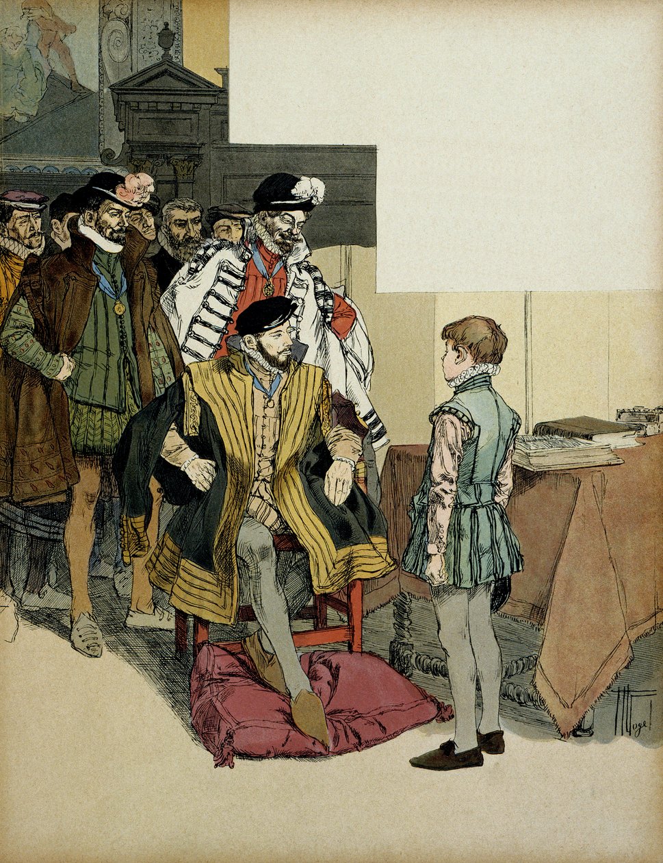 Kongen av Frankrike Henri II (1519-1559) omgitt av sine herrer liker å stille spørsmål ved Henrik IV (1553-1610) som barn for hans replikker. Illustrasjon av Hermann Vogel (1856-1918) i "" Henri IV"" av Hermann Vogel