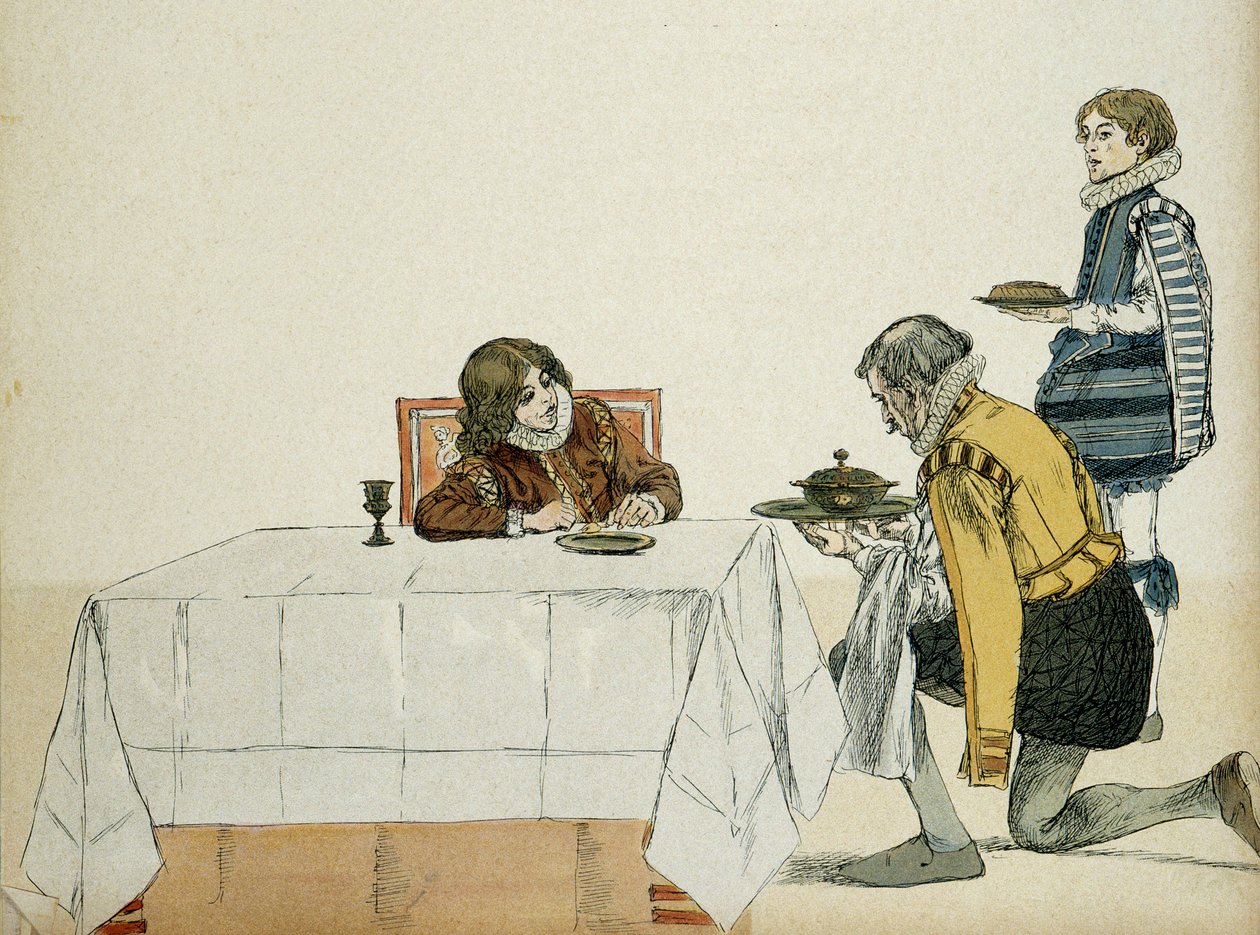 Den unge Ludvig XIII (1601-1643), ennå ikke konge, tjent av sin guvernør etter hans far Henrik IVs død (1553-1610). Illustrasjon av Hermann Vogel