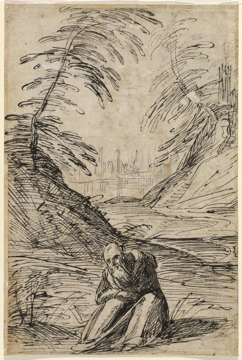 Ørkenlandskap med en eremitt (verso) av Hermann Weyer