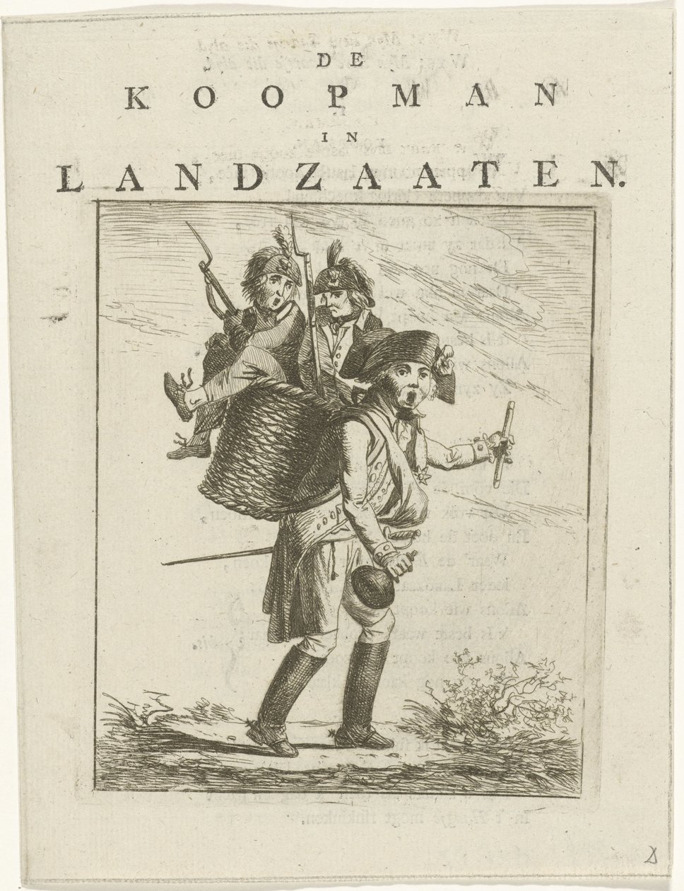 Sangark og tegneserie med soldater Tegneserie om Willem V Kjøpmannen i Landzaaten (tittel på objekt) av Hermanus Fock
