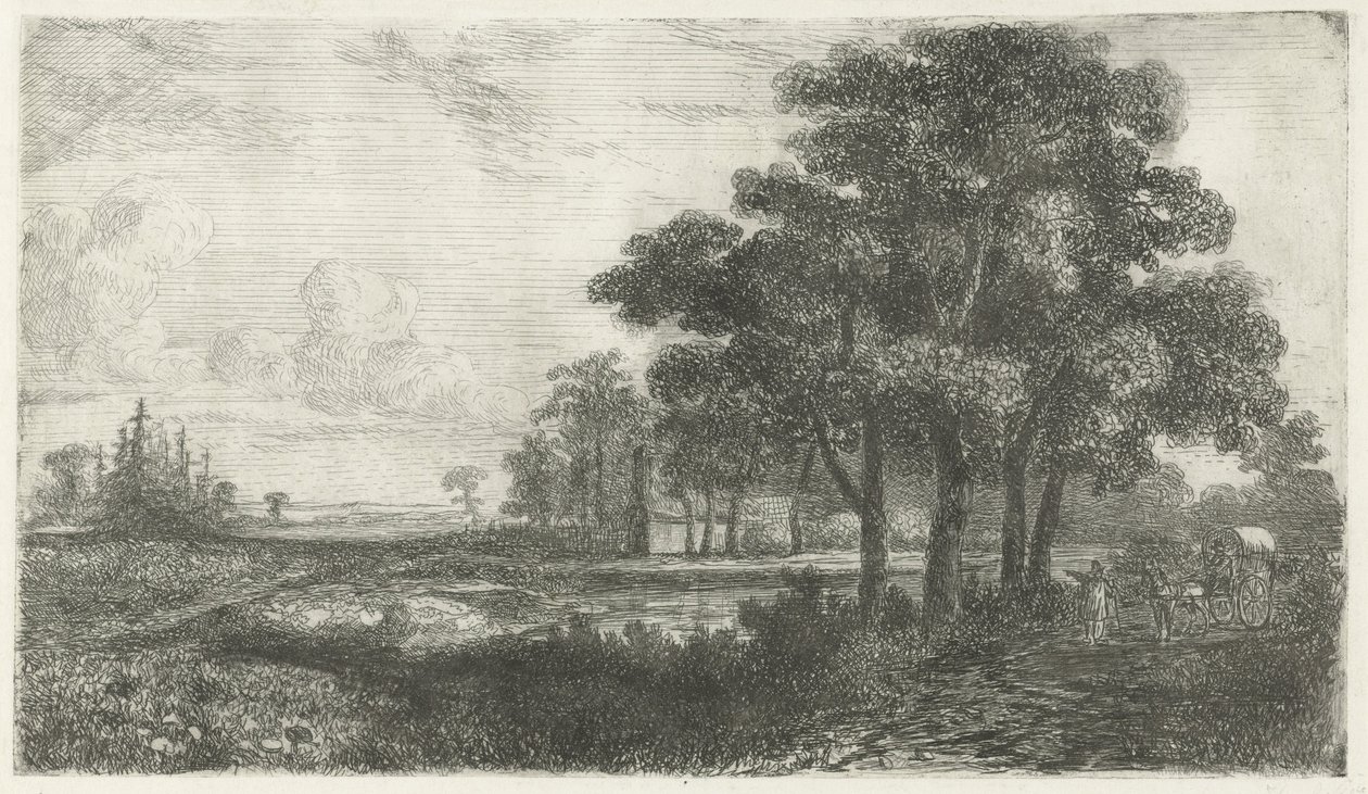 Trefylt landskap med overbygd vogn av Hermanus Jan Hendrik van Rijkelijkhuysen