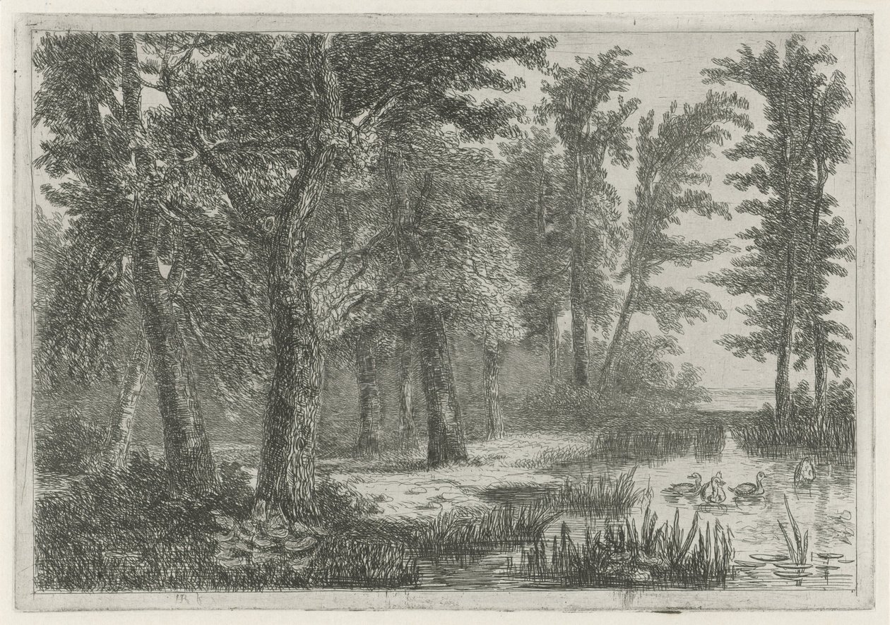 Skogutsikt med myr med ender av Hermanus Jan Hendrik van Rijkelijkhuysen
